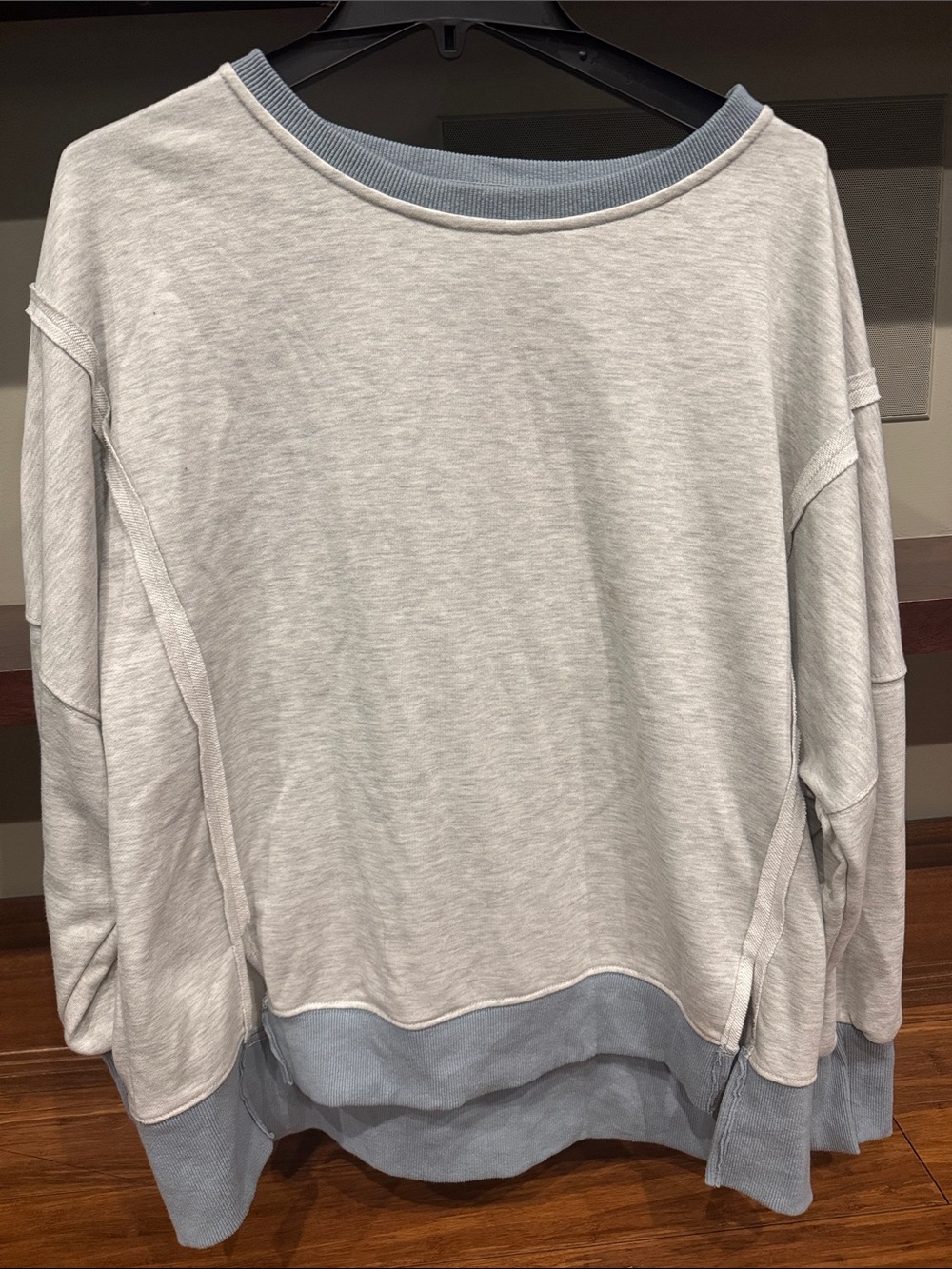 Light Gray Pullover Sweatshirt with Dusty Blue Trim